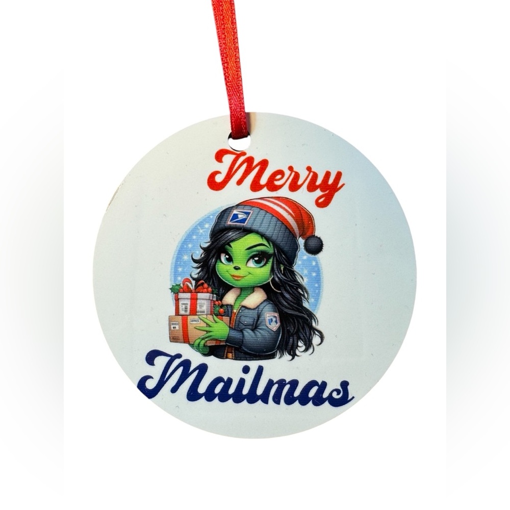 Merry Mailmas Round Christmas Ornament Red And Blue New